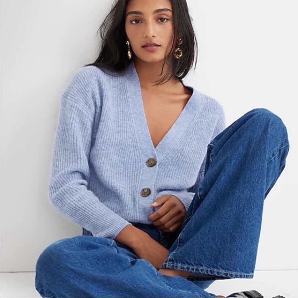 J.Crew Blue Alpaca Wool Blend Ribbed V-Neck Button Cardigan Sweater XL